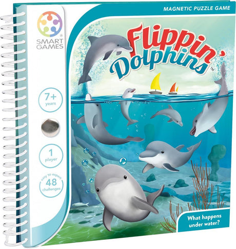 Inteligentne gry flippin' delphins - magnetyczna gra logiczna - 48 edukacyjnych wyzwań z delfinami - kompaktowa gra podróżnicza gra solo - od 7 lat