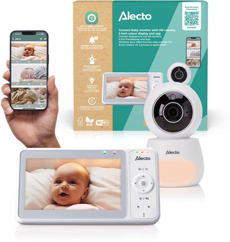 Elektroniczna niania Alecto dvm2060 z dwoma trybami i aplikacją aparatu - 5″ ekran HD - full HD 1080p - przechylanie - noktowizor - rozmowa zwrotna - możliwość rozbudowy do 4 kamer - biała
