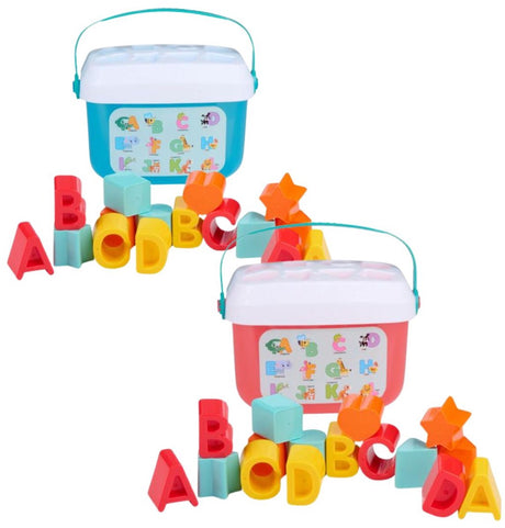 Let's play sorter kształtów skrzynka na listy - edukacyjna gra polegająca na sortowaniu liter i kształtów - 16 elementów - w tym poręczne wiadro do przechowywania z pokrywką - wykonana z tworzywa sztucznego - wielobarwna zabawka