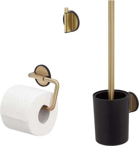 Tiger tune - zestaw akcesoriów toaletowych - szczotka do WC z uchwytem - uchwyt na papier toaletowy bez klapki - wieszak na ręcznik - złoto szczotkowane czarne