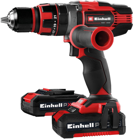 Akumulatorowa wiertarko-wkrętarka udarowa Einhell te-cd 18 48 li-i kit - power x-change - 18 V Li-Ion - z funkcją udaru - 2 prędkości - 48 nm - w zestawie. 2x akumulator 2,0 Ah i ładowarka