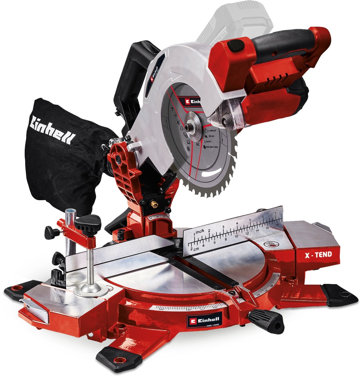 Akumulatorowa piła poprzeczna Einhell te-ms 18 210 li solo - power x-change - 18 v li-ion - ø210 mm - x-tend wsporniki przedmiotu obrabianego - w komplecie. Brzeszczot 40 zębów - nie dotyczy. akumulator i ładowarka