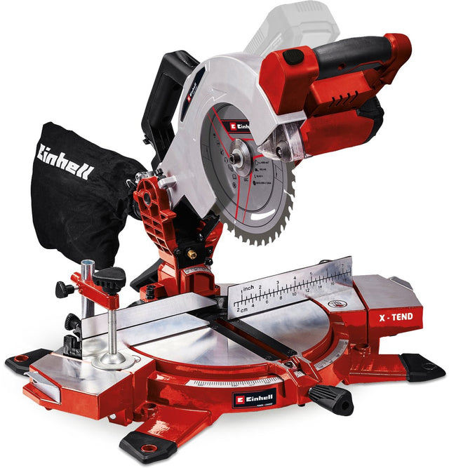 Akumulatorowa piła poprzeczna Einhell te-ms 18 210 li solo - power x-change - 18 v li-ion - ø210 mm - x-tend wsporniki przedmiotu obrabianego - w komplecie. Brzeszczot 40 zębów - nie dotyczy. akumulator i ładowarka