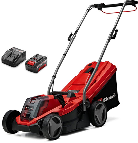 Kosiarka akumulatorowa Einhell ge-cm 18 33 li kit - power x-change - 18 V Li-Ion - szerokość cięcia: 33 cm - zalecana powierzchnia trawnika: do 200 m² - worek na śmieci 30 l - wysokość koszenia: 25-65 mm - w zestawie. Akumulator 4,0 Ah i ładowarka