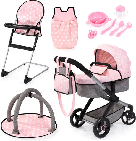 Bayer design xeo poppenwagenset, met tas, kinderstoel, slaapzak, speelboog, poppenaccessoires, in roze grijs