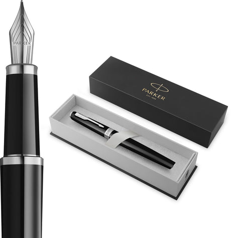 Parker meridian vulpen | zwarte lak met chroomafwerkingen | fijne penpunt | handschriftpennen schrijfwaren | blauwe inkt | luxe cadeaudoos