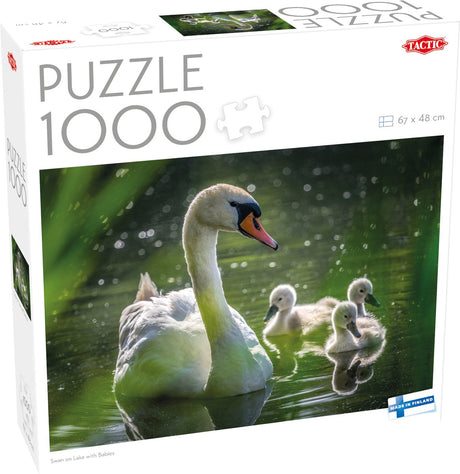 Taktyka łabędź na jeziorze z dziećmi – puzzle – 1000 elementów – rodzina łabędzi w przyrodzie – kojąca fotografia zwierząt – wysoka skandynawska jakość