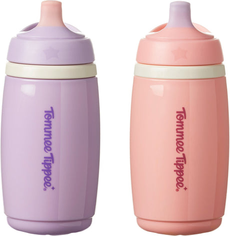 Kubek izolowany z aktywną wylewką Tommee Tippee - 2 sztuki - 266 ml - szczelna butelka na wodę dla maluchów 12m+ - różowy i fioletowy