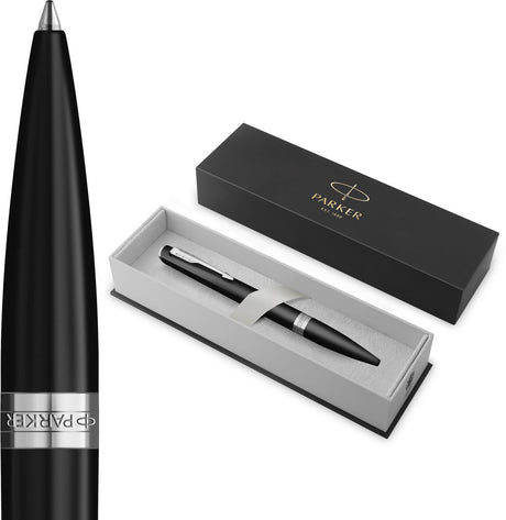 Parker meridian balpen | matte zwarte lak met chromen afwerkingen | middelgrote penpunt | handschriftpennen schrijfwaren | blauwe inkt | luxe cadeaudoos