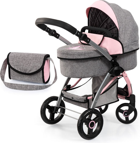 Wózek dla lalek Bayer design city max z torbą, regulacja wysokości, skrętne przednie koła, możliwość przekształcenia w jogger, zintegrowany kosz, dżinsy szary, różowy