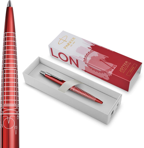 Długopis Parker Jotter | wydanie specjalne | londyn czerwony z chromowanymi detalami | średnia stalówka | niebieski atrament | opakowanie prezentowe