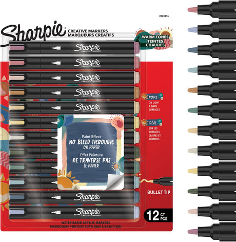 Markery kreatywne Sharpie, pisaki z farbą akrylową | markery farbowe na bazie wody | atrament nieciągły pisze na większości powierzchni | punktor | artykuły rzemieślnicze i artystyczne | ciepłe odcienie | 12 sztuk