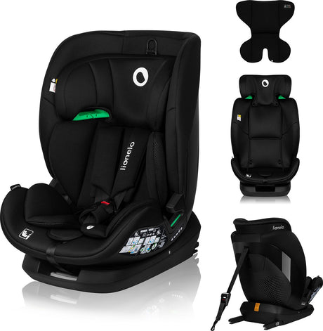 Fotelik samochodowy Lionelo lawendowy i-size 76-150 cm - grupa 1 2 3 (9-36 kg, 1,5-12 lat) - górny pasek ISOFIX - 5 pozycji leżących - 13 pozycji zagłówka - ochraniacze boczne - wzmocnienie stalowe - wentylacja