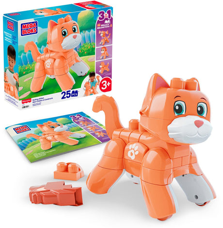 Mega bloks fisher-price - speelgoedblokken rollende kitten met draaiende wieltjes - 25 stukjes