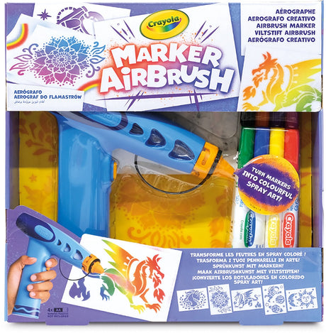 Aerograf do markerów Crayola - zestaw hobbystyczny - kreatywny pistolet do malowania dla dzieci z 8 zmywalnymi markerami i 5 szablonami - zabawki edukacyjne do zajęć plastycznych - od 6 lat