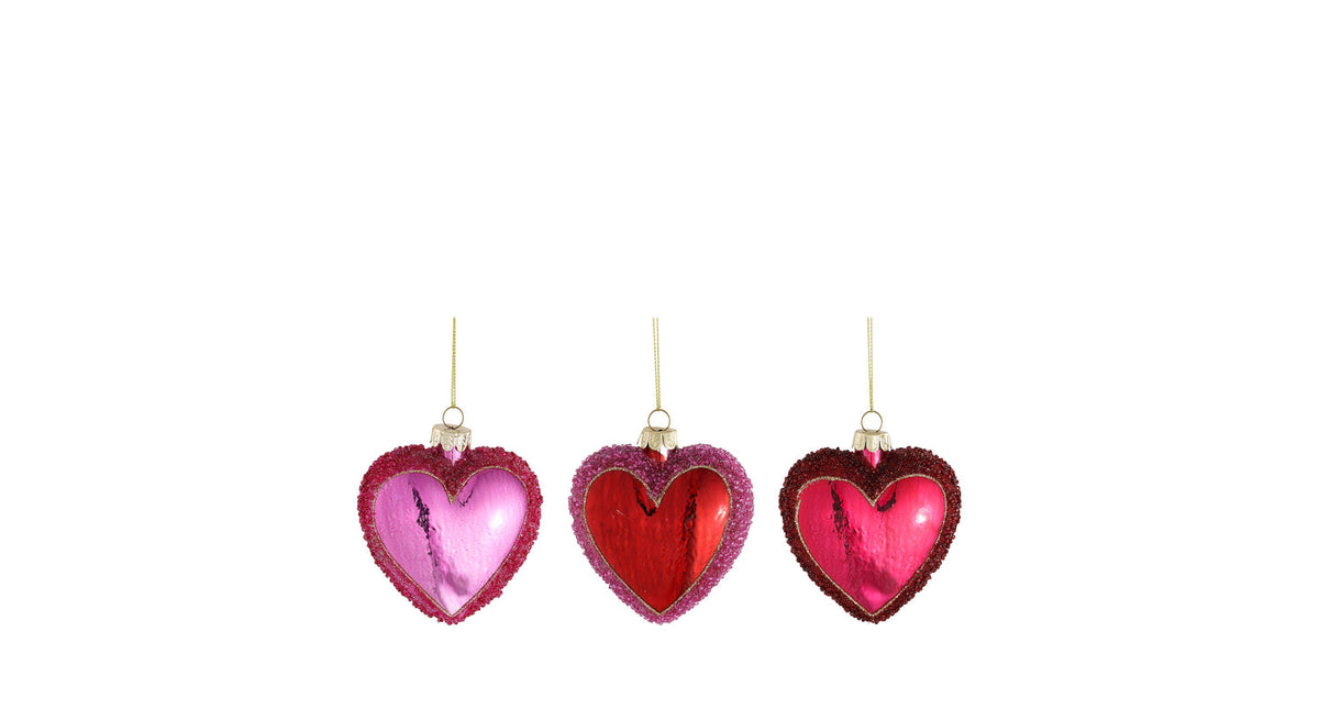 Ornament hart rood fuchsia roze 3 assorti - l9xb3xh9cm