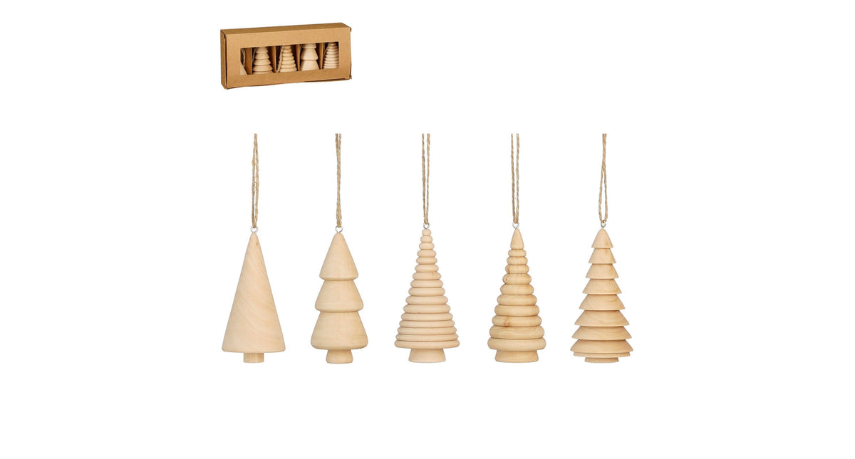 Ornament boom bruin 5 stuks fsc 100% - h9xd4,5cm