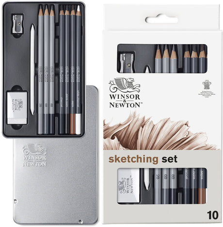 Winsor Newton 0490010 Studio Collection Grafitowy zestaw ołówków węglowych, 10 sztuk – ołówki do szkicowania i rysowania z akcesoriami