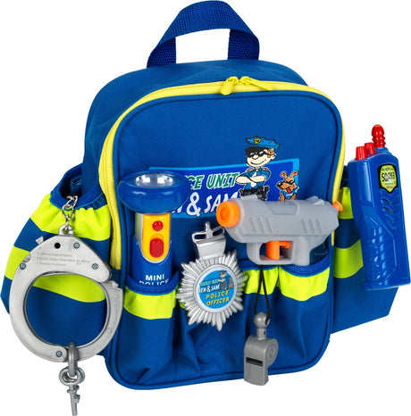 Plecak policjanta Klein Toys - 28x25x8,5 cm - w zestawie. akcesoria, regulowane ramiączka i duży otwór ułatwiający pakowanie i przechowywanie - niebiesko-żółty