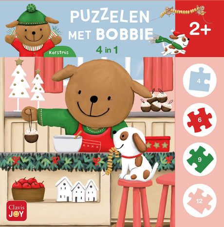 Clavis układa puzzle z Bobbie. Świąteczne puzzle 4 w 1