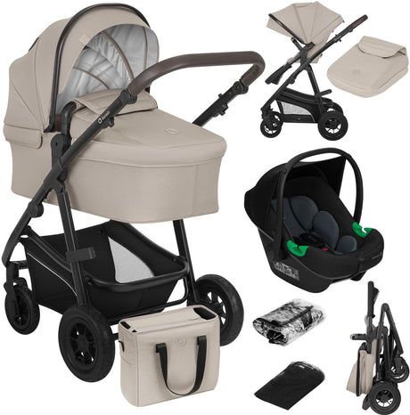 Wózek Lionelo bianka 3 w 1 - gondola + spacerówka + fotelik samochodowy - duże opony pneumatyczne, pełne zawieszenie - składany - regulowany drążek - odwracane siedzisko buggy - 0-22kg - zestaw akcesoriów - beżowy