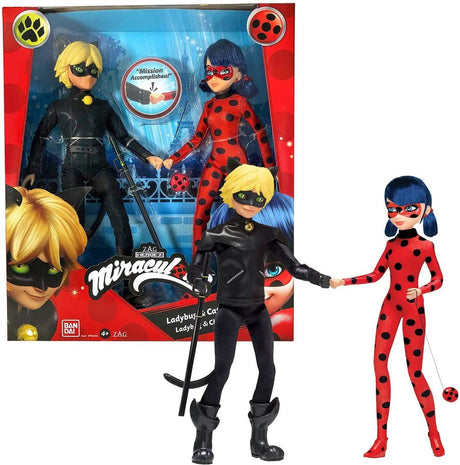 Cudowna biedronka Bandai - cudowny zestaw zabawek - zestaw 2 cudownych lalek - cudowna figurka manekina 26 cm - figurka dziecka biedronki czarnego kota - zabawki dla dzieci w wieku 4+ lat - p50365