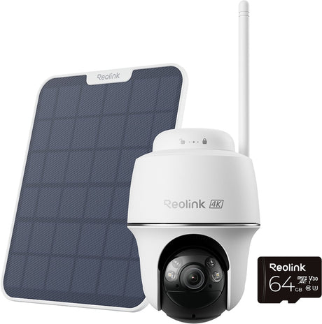 Kamera bezpieczeństwa Wi-Fi na baterie Reolink 4k - kolorowy noktowizor - automatyczne śledzenie - odłączany panel słoneczny - dwuzakresowe Wi-Fi 6 - dwukierunkowe audio - seria Argus B440 z panelem słonecznym 2 + karta SD 64 GB