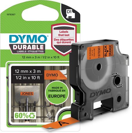 Dymo oryginalne trwałe etykiety d1 | czarny tekst na pomarańczowej etykiecie | 12 mm x 3 m | etykiety samoprzylepne do drukarki etykiet menadżer etykiet | wyprodukowano w Europie