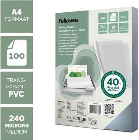 Arkusze okładkowe Fellowes PVC a4 przezroczyste - 240 mikronów - 100 sztuk - wykonane w 40% z materiału pochodzącego z recyklingu - do wszystkich maszyn introligatorskich