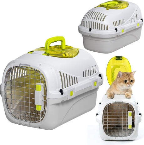 Peluvio Safy transporter dla kota - kosz podróżny - torba do przenoszenia dla kotów do 5 kg - lekki, składany - solidna obudowa z PP, metalowe drzwiczki - dobra wentylacja - wyjmowana kratka miska na wodę i karmę - bezpieczne i wygodne w drodze