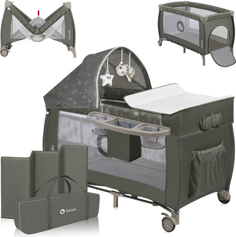 Lionelo Sven plus Łóżko kempingowe 2w1 rosnące wzdłuż - 127x60 cm - do 15 kg - miejsce do spania - łóżko podróżne ze stolikiem do przewijania, organizerem, moskitierą i zabawkami interaktywnymi