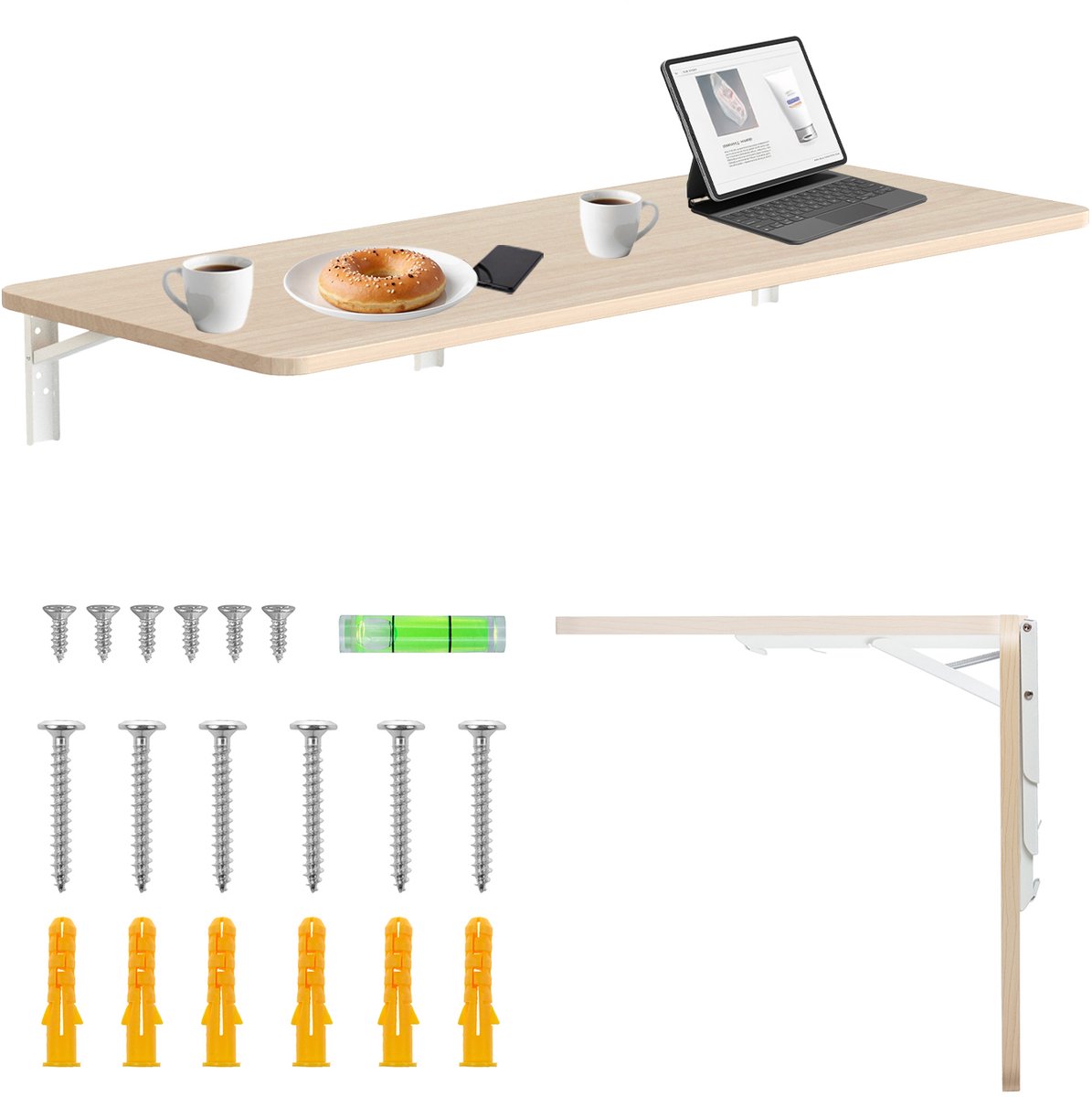 Maclean - inklapbare plank bureau - opklapbaar - 100x40 cm, max 50 kg, mc-128 wd - licht houtkleur en wit