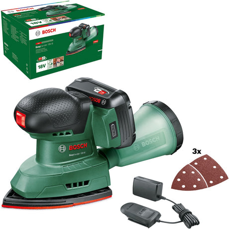 Bosch zielona akumulatorowa szlifierka uniwersalna Easysander 18v-8 | w tym Ładowarka 1h (już 18v-20) + 1x akumulator 2,0 ah + 3 arkusze szlifierskie (drewno czerwone) - 06033e3002