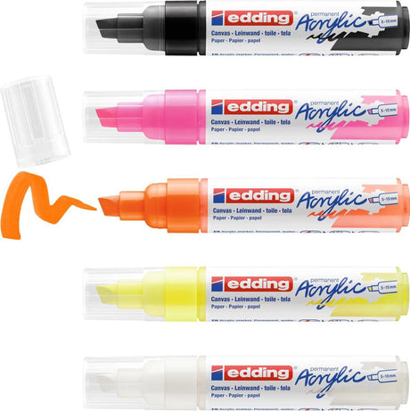 Edding 5000 markery akrylowe szerokie - biały czarny neonowy żółty neon pomarańczowy neonowy róż - zestaw 5 kolorów akrylu (neon) - ostrze dłuta 5-10 mm - farba akrylowa do malowania na płótnie, drewnie - markery akrylowe, wodoodporne
