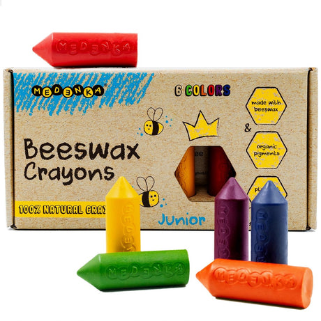 Kredki woskowe Medenka ® junior - przyjazne dla środowiska i bezpieczne kredki rysunkowe dla dzieci - wykonane z czystego wosku pszczelego - miękki uchwyt dla małych rączek - żywe kolory - trwały, naturalny skład