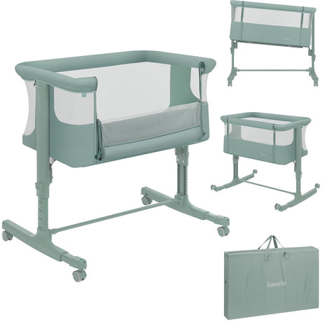 Co-sleeper Lionelo aurora 3w1 - łóżeczko dziecięce do 9 kg - łóżeczko rosnące - 4 koła z hamulcami - łóżko kempingowe - regulowana wysokość - oddychająca siatka - w komplecie torba do transportu materaca - zdejmowany pokrowiec