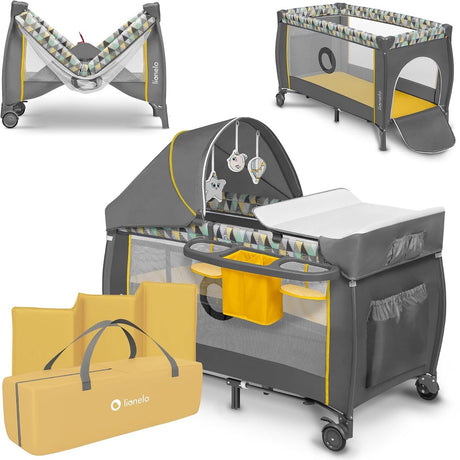 Lionelo Sven plus Łóżko kempingowe 2w1 rosnące wzdłuż - 127x60 cm - do 15 kg - miejsce do spania - łóżko podróżne ze stolikiem do przewijania, organizerem, moskitierą i zabawkami interaktywnymi