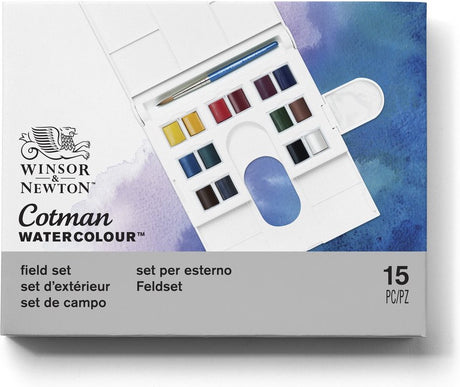 Winsor Newton 0390083 Zestaw farb akwarelowych Cotman – Zestaw polowy – 14 półmiarek akwareli – Kompaktowy podróżny zestaw akwareli z pędzlem