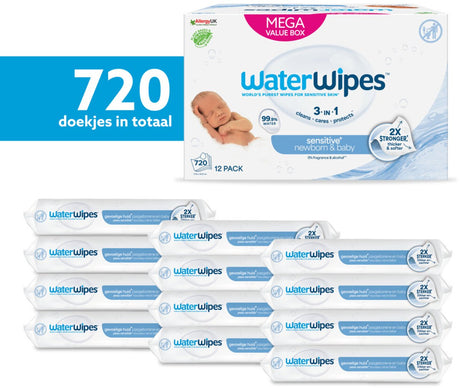 Chusteczki dla niemowląt Waterwipes bio wrażliwe - 99,9% wody - 12 x 60 - 720 chusteczek dla niemowląt