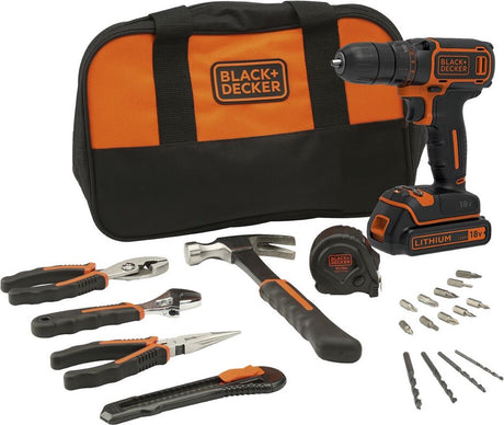 Wiertarko-wkrętarka akumulatorowa Black+decker bdcdc18htsa, 18 V, w zestawie 20-częściowy zestaw narzędzi i torba