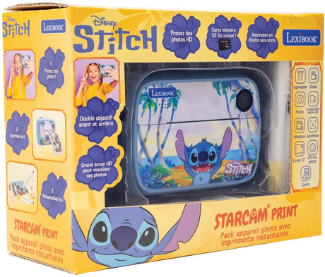 Lexibook Disney Stitch Starcam® Print, pakiet aparatu z drukarką natychmiastową, kartą SD i zestawem do personalizacji zdjęć
