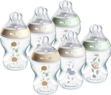 Butelki dla niemowląt Tommee Tippee Natural Start, zestaw 6 butelek dla niemowląt 260 ml - niska prędkość podawania 0m+ - zdobione