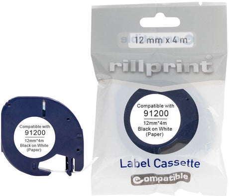 Rillprint compatible letratag tape voor dymo 91200 | 12 mm | papier | wit
