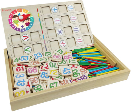 Szkoła matematyczna Lexibook bio toy® - drewniane pudełko z tablicą kreślarską do nauki matematyki z kredkami, gumką, patykami i 5 kartami z tabliczką mnożenia