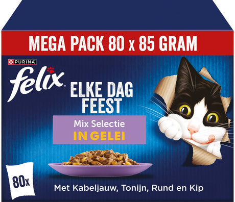 Felix Every Day Party Mix wybór w galarecie - karma dla kotów mokra karma - dorsz, tuńczyk, wołowina, kurczak - 80 x 85 g