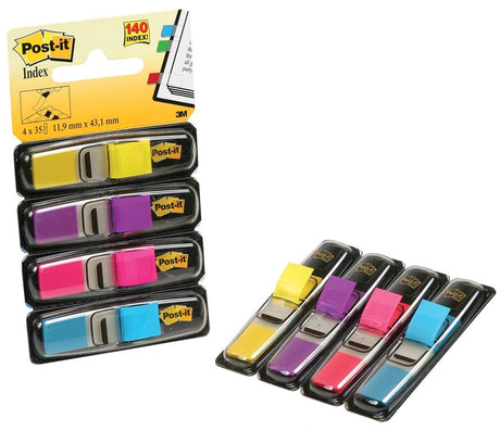 Post-it® Index wąski, standardowy dozownik, jasnoniebieski, żółty, różowy, fioletowy, 12 x 43 mm, 35 kolorowych tabletek
