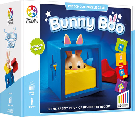 Smartgames bunny boo - gra logiczna z drewnianym królikiem - kopiuj karty zadań - 60 zadań - gra edukacyjna dla małych dzieci - od 2 lat