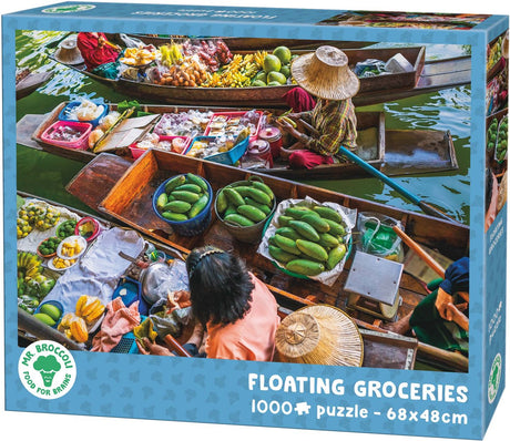 Mr. broccoli puzzel 1000 stukjes volwassenen - floating groceries - legpuzzel drijvende markt thailand - fsc® - landschap collectie - 68 x 48 cm