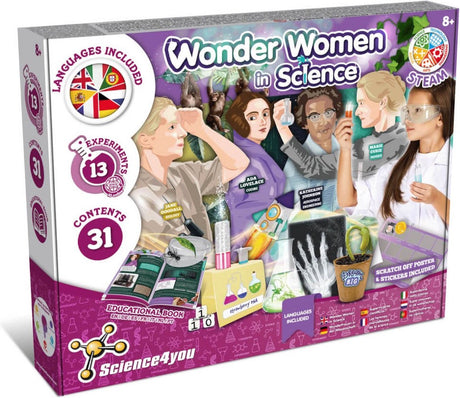 Science 4 you science4you Wonder Women in Science - zestaw eksperymentów dla dziewcząt w wieku 8-12+ - zestaw zabawek z zestawem do rękodzieła - zabawka na nóżce z zestawem naukowym