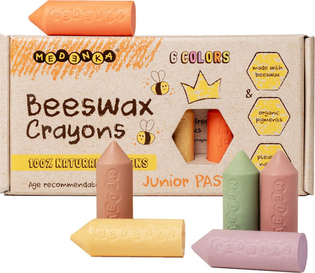 Kredki woskowe Medenka ® junior pastel - przyjazne dla środowiska i bezpieczne kredki rysunkowe dla dzieci - wykonane z czystego wosku pszczelego - miękki uchwyt dla małych rączek - pastelowe kolory - trwały, naturalny skład